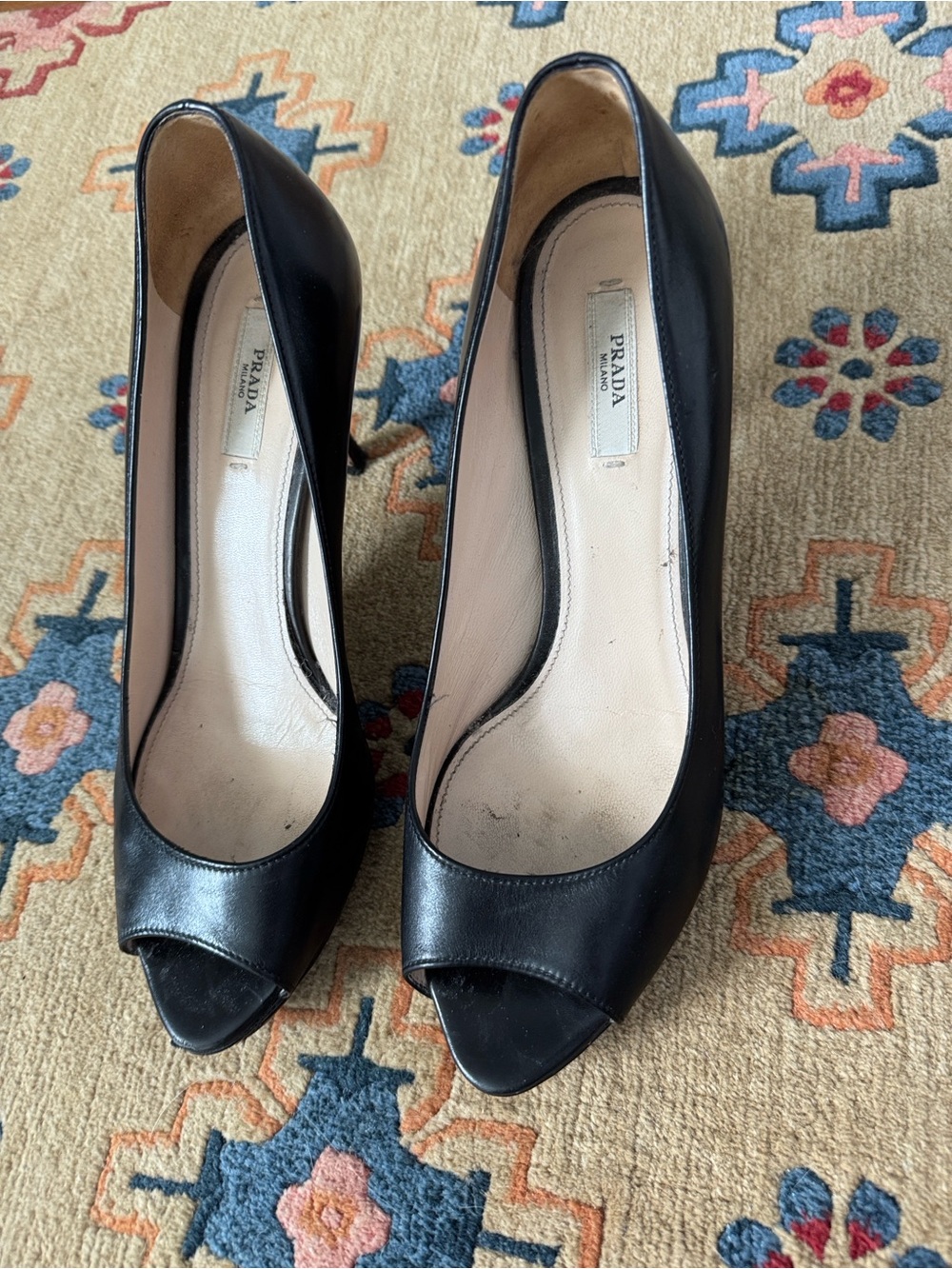 Prada Black Peep-Toe Leather Heels